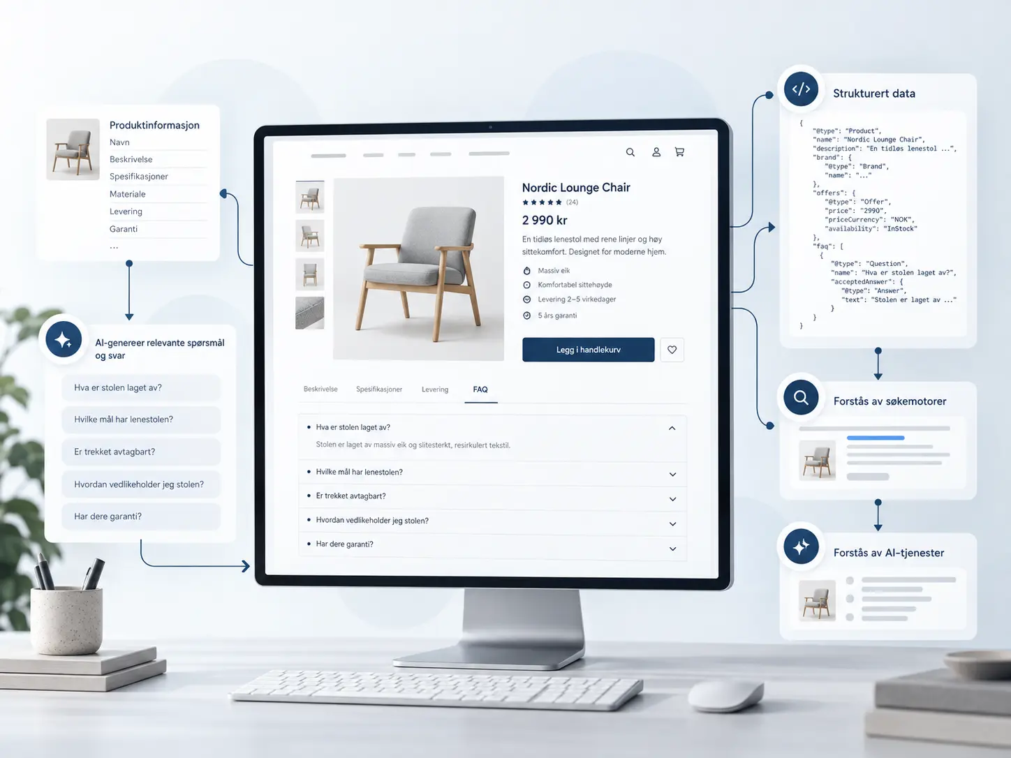 Illustrasjon av DigiFAiQ som bruker produktinformasjon til å generere FAQ og strukturert data for søk og AI-tjenester.