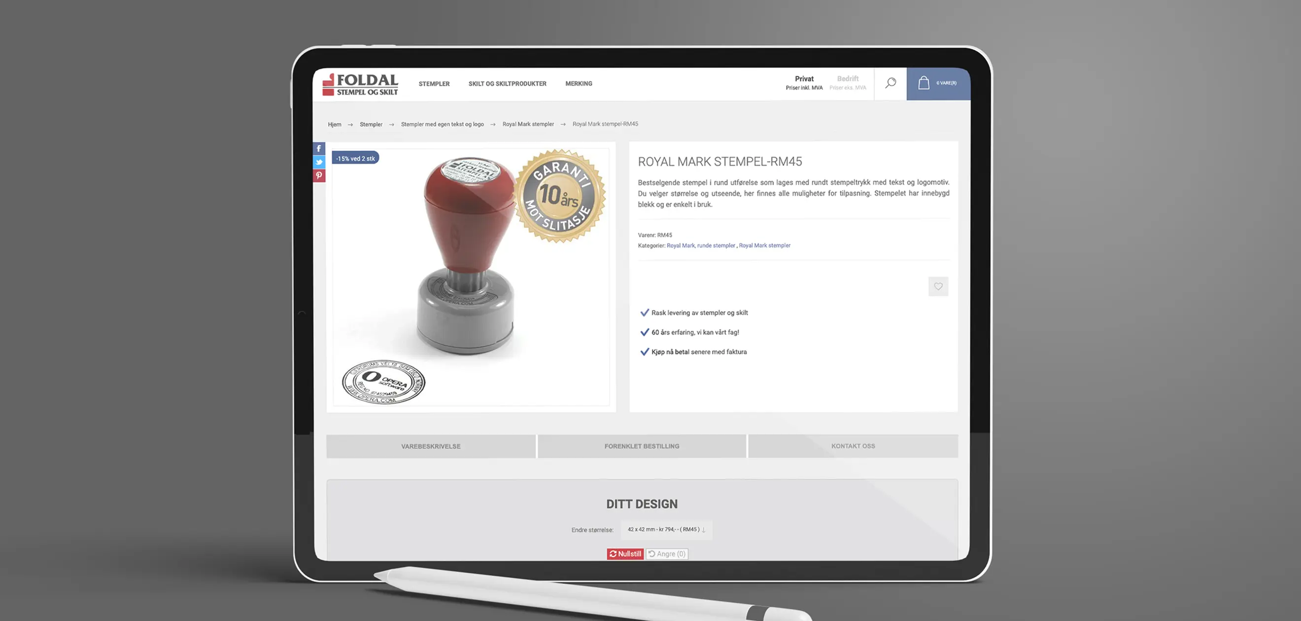 Produktkonfigurator i nettbutikken til Foldal: forhåndsvisning av skilt med valg for størrelse, farge og tekst.