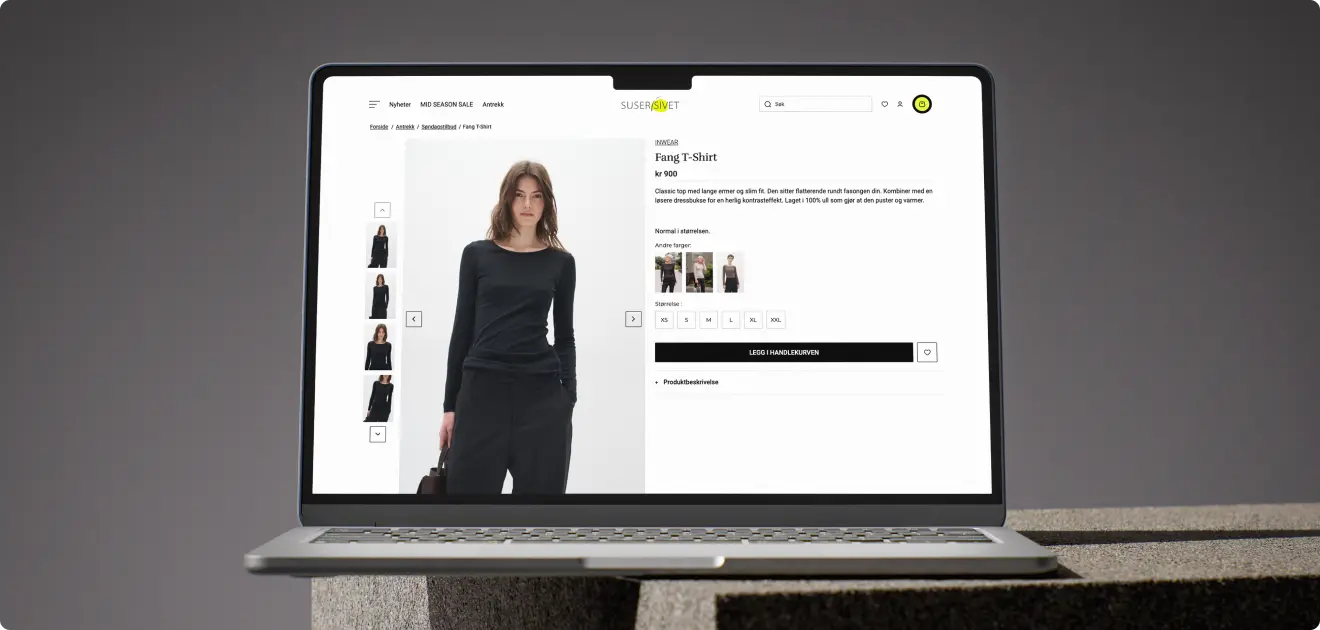 Produktside med variantvalg, lagerstatus og anbefalte plagg – Suser i sivet