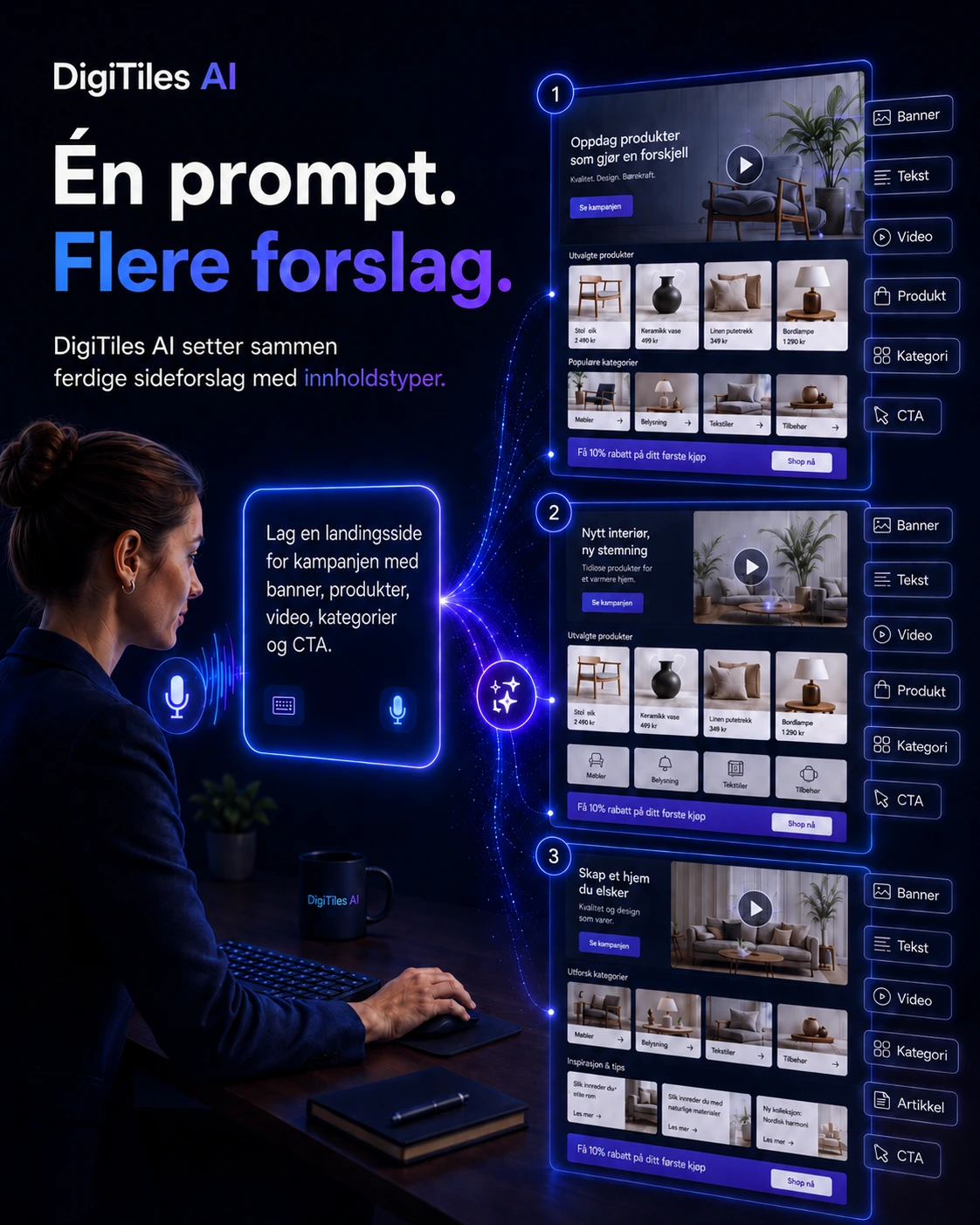 DigiTiles – sidebyggeren som gjør nettbutikken levende Bygg forsider, kampanjer og landingssider med dra-og-slipp, innholdstyper og AI-støtte.