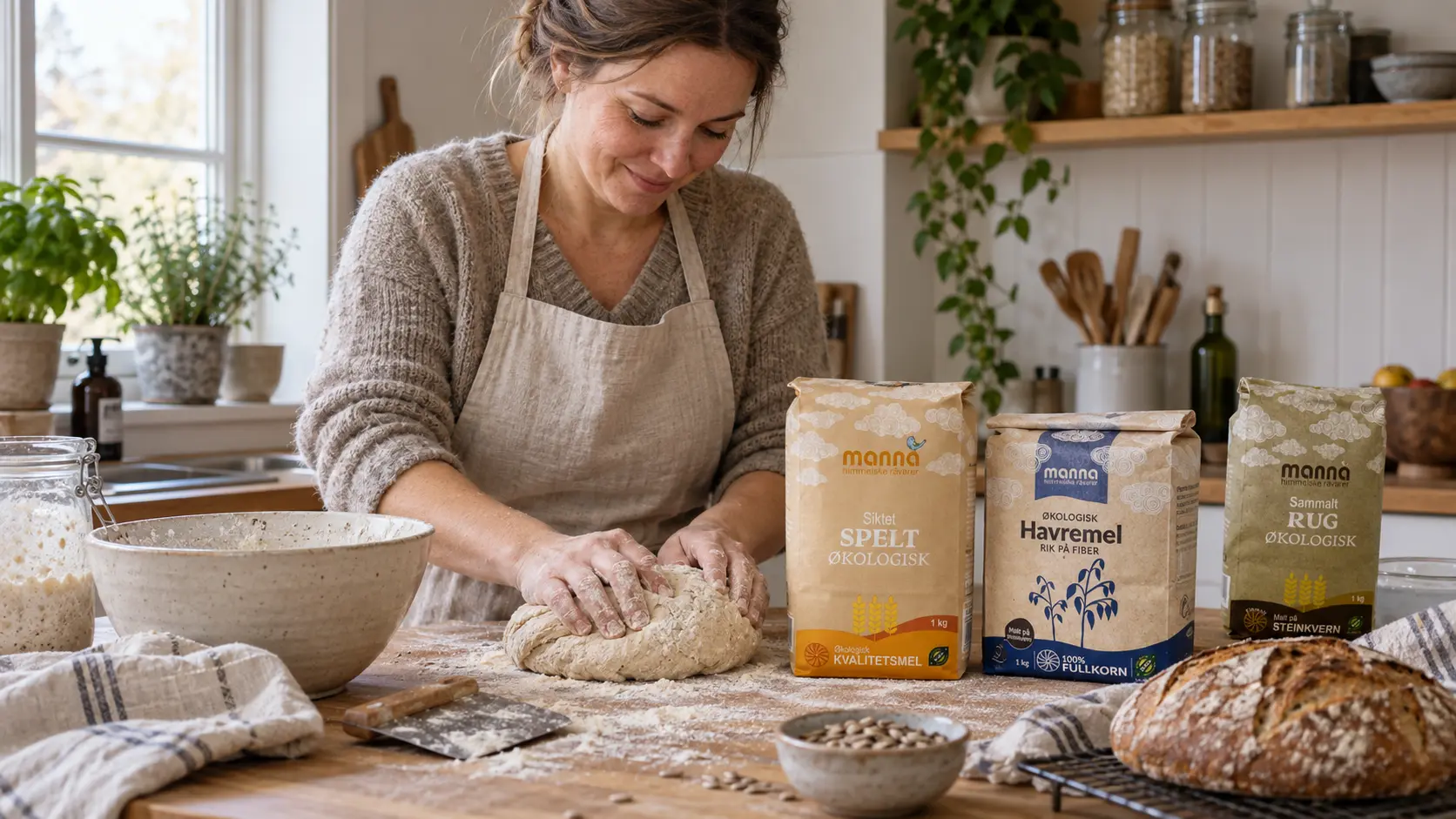 Kvinne baker surdeigsbrød med organiske produkter fra Økoland.no