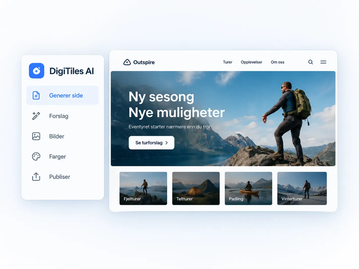 DigiTiles AI i bruk: forslag til innhold og oppsett for forside i en B2C-nettbutikk.