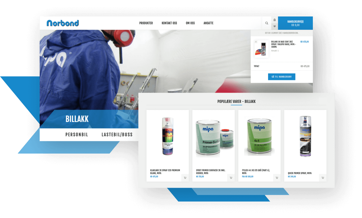 Søk og filtrering i Norbond sin nettbutikk – variantvalg og tydelig produktinformasjon for proffkunder