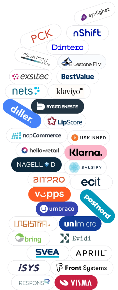 Viser en oversikt over diverse selskapers logo som er samarbeidspartner med Digitroll. ERP. POS, Betaling, AI, Frakt osv.