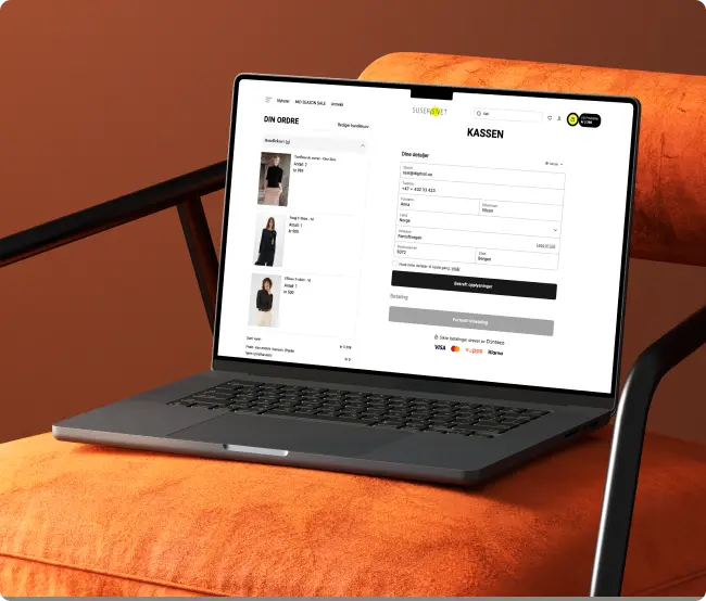 Kasse med fraktvalg, adresseskjema og sikre betalingsmetoder – Suser i sivet