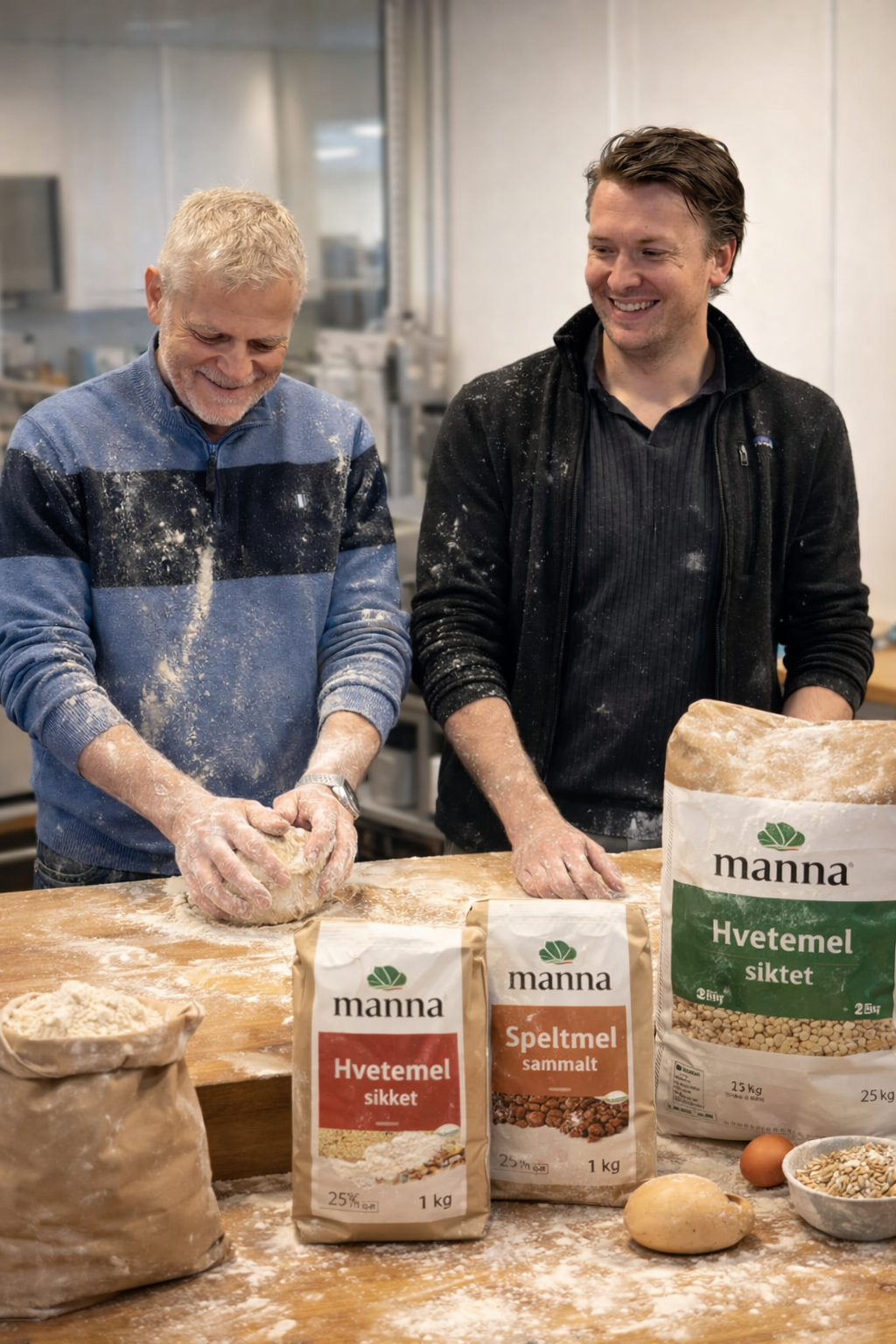 Bilde viser Daglig leder Jarle Rossavik og ehandelsansvarlig Espen Olsen i et AI- generert bilde hvor de baker med organisk ml. Målet er å fremheve nettbutikken vi skal levere til dem.