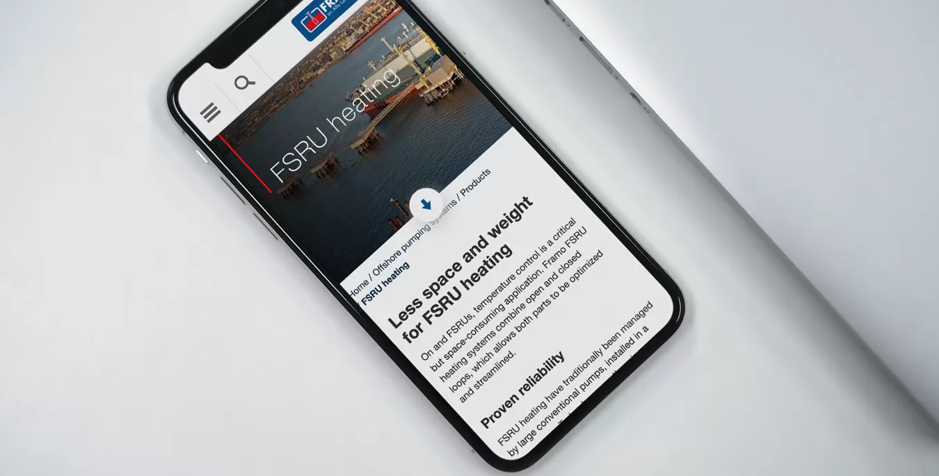 Framo sin forside i mobilvinsning – moderne design med tydelige CTA-knapper for kontakt, produkter og global service.