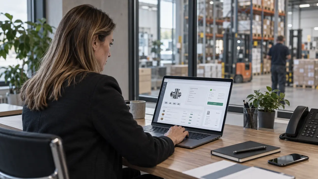 B2B-innkjøper bruker en nettbutikk på en bærbar PC foran et lager, mens telefonen står ubrukt på skrivebordet.