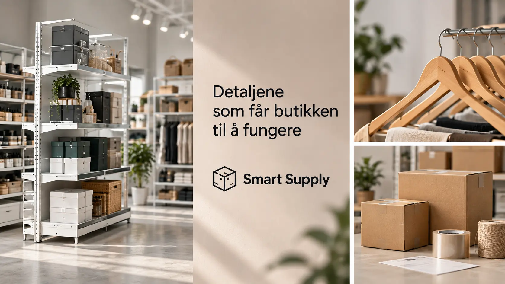 Kollasj med butikkinnredning, kleshengere og emballasje, med teksten «Detaljene som får butikken til å fungere» og Smart Supply-logo.