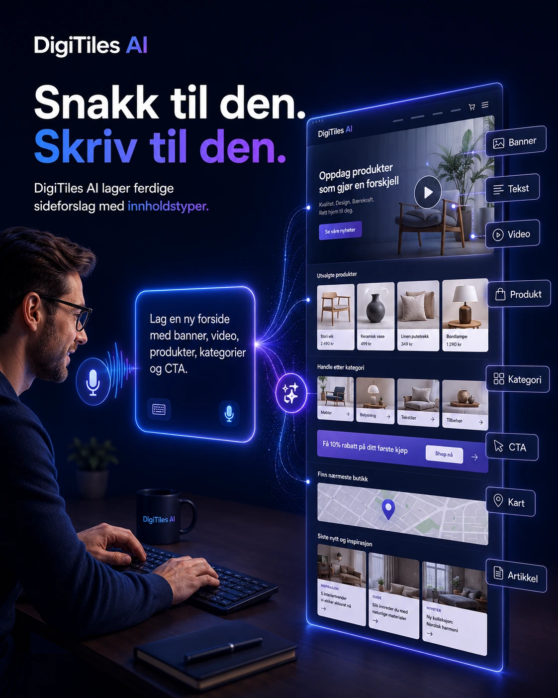 Snakk eller skriv inn hva du vil lage – og få forslag til ferdige sider med bannere, tekst, produkter, kategorier, video og andre innholdstyper. Du redigerer, godkjenner og publiserer når siden er klar.