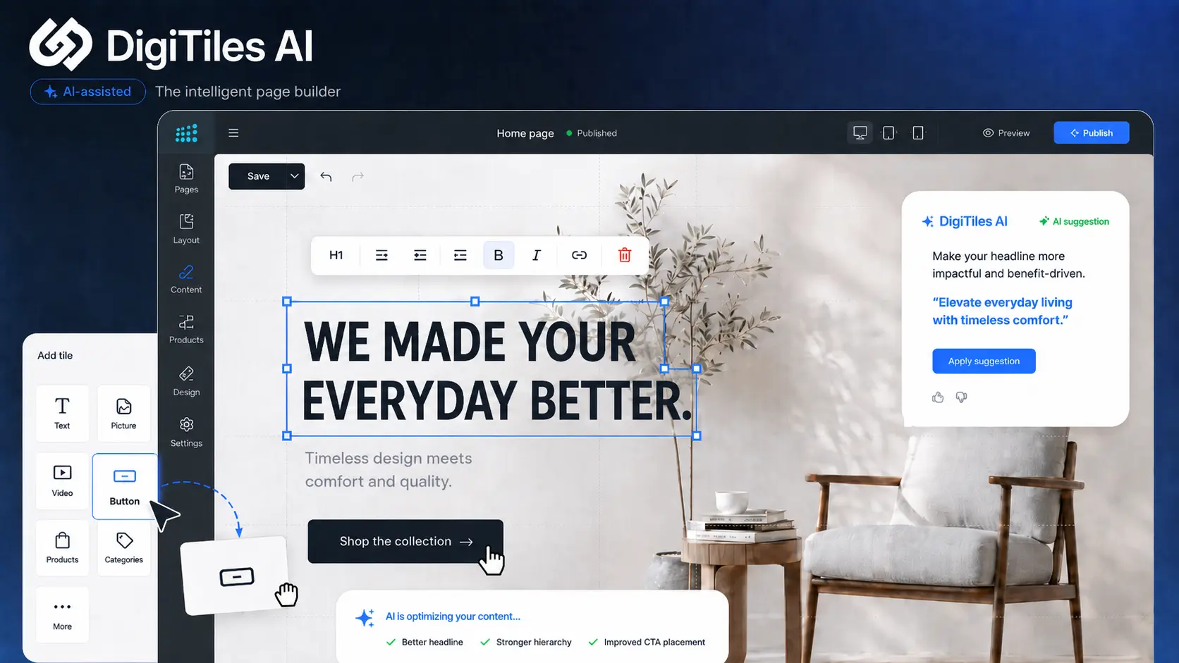 DigiTiles AI lager et ferdig sideforslag med tekst, bilder, banner, video og produkter basert på en enkel prompt.