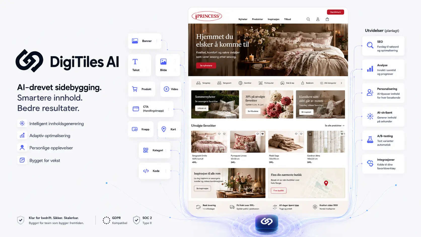 Illustrasjon av DigiTiles AI som genererer et ferdig sideforslag basert på en tekstprompt, med innholdstyper som banner, tekst, bilde, video og produktfliser satt sammen i en visuell landingsside.