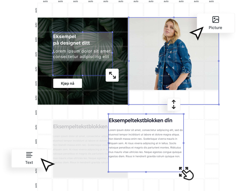 Bygg forsiden i nettbutikken med klikk og dra
