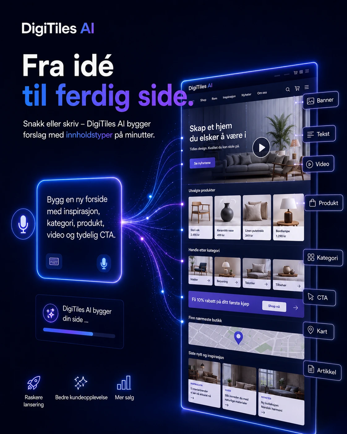 Bygg bedre forsider, kampanjesider og landingssider raskere. Med DigiTiles AI kan du prompte frem forslag til struktur, tekst og innholdstyper – og redigere, tilpasse og publisere når alt sitter.