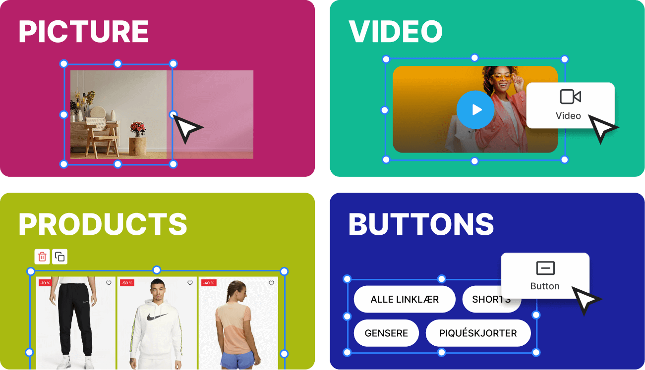 Med DigiTiles får du et kraftig verktøy for å oppdatere nettbutikkinnhold – uten å kunne kode. Vår revolusjonerende WYSIWYG-sidebygger gjør det enkelt å lage og endre forsider, landingssider, kampanjesider og inspirasjonssider. Dra og slipp innhold, juster design direkte på skjermen og bygg sider som både engasjerer kundene dine og øker salget.
