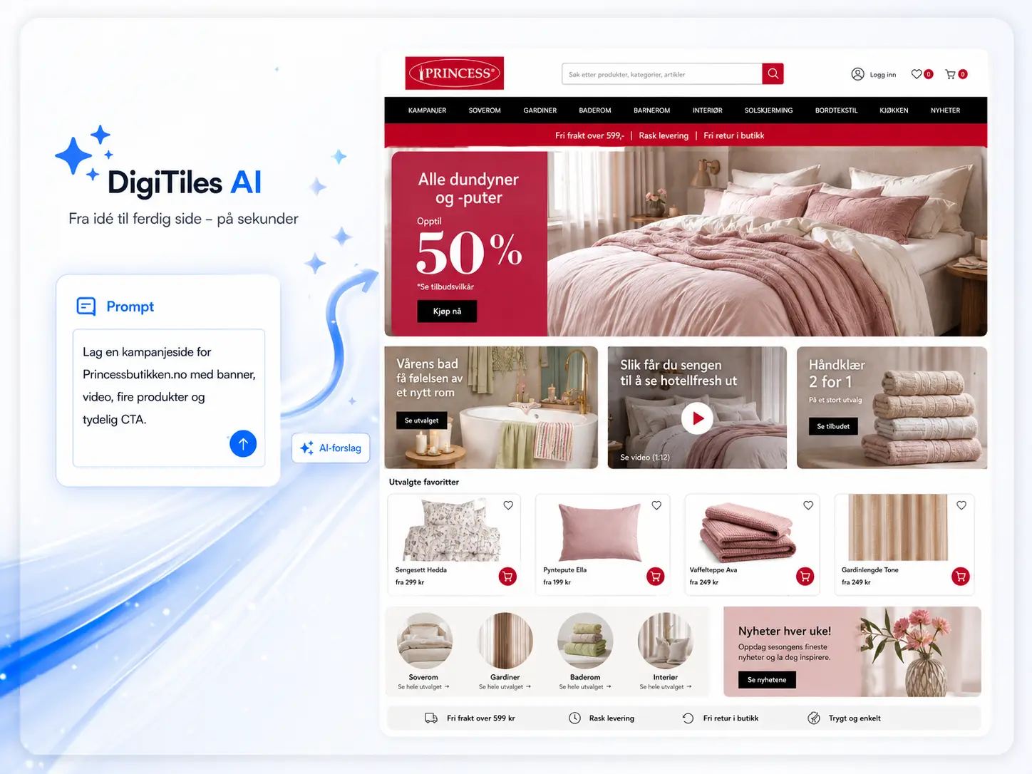 DigiTiles AI PageBuilder lager forslag til forside og kampanjesider for nettbutikk