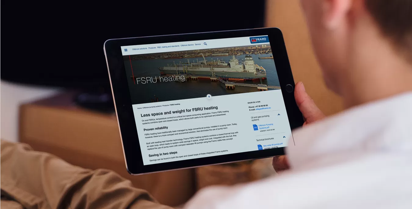 Nettsider Framo – forside med rask lastetid, ren navigasjon og komponentbasert design som fremhever produkter og global service